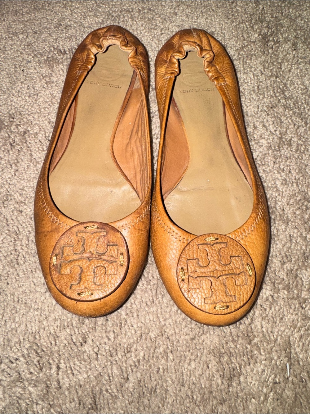 Tory Burch Cognac Leather Logo Ballet Flats